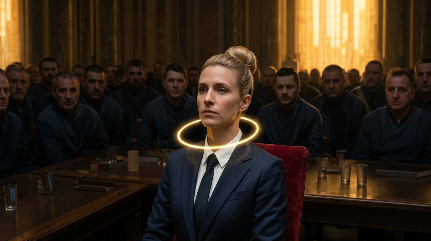 Donna in abito formale seduta davanti a una platea, con un cerchio luminoso intorno alla gola — illustrazione della Gola Indefinita in Human Design come vantaggio strategico